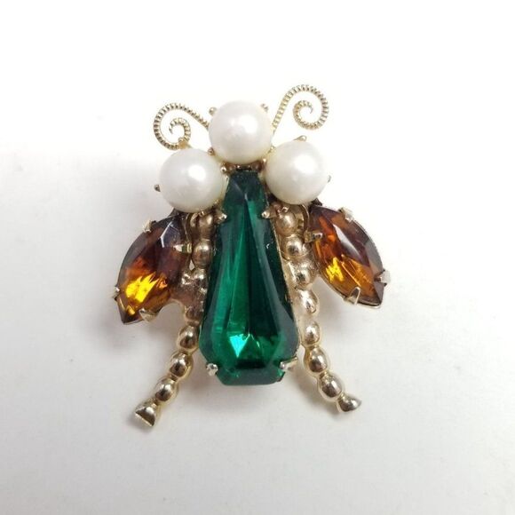 Vintage Little Fly Insect Bug Brooch, Rhinestone Body Faux Pearls, Retro Estate - Picture 1 of 6